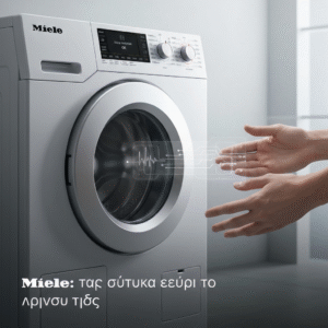 Εικόνα ενός πλυντηρίου Miele με ψηφιακή οθόνη που δείχνει επιτυχή λειτουργία, με χέρια να υποδεικνύουν επισκευή και επίλυση προβλημάτων. Συνοδεύει το άρθρο "Κοινές Βλάβες Πλυντηρίου Miele: Οδηγός Αντιμετώπισης & Επισκευής".